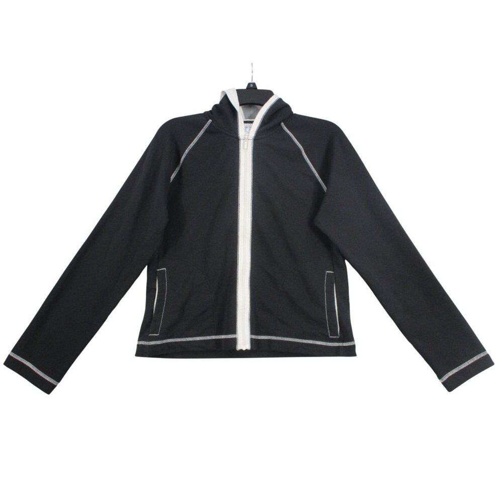 Ann Taylor Loft Womens Black Hooded Zip-Up Jacket With White Stitching Stretch F
